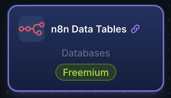 Tool card for n8n Data Tables on the canvas showing child tool state with a violet border and a small link icon next to the tool name