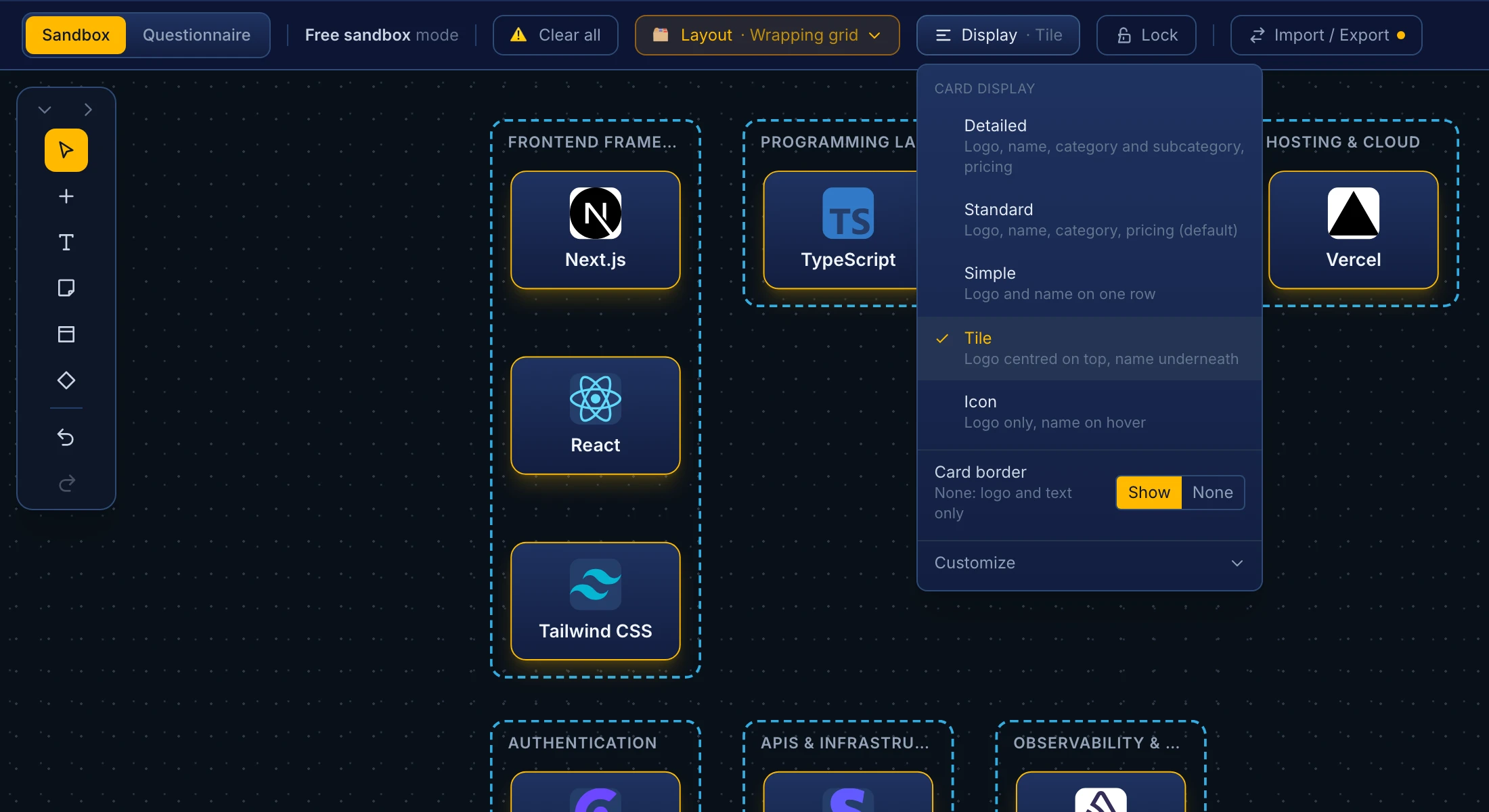 The Display menu open with the Tile preset chosen, and tool cards shown as a centred logo with the name underneath