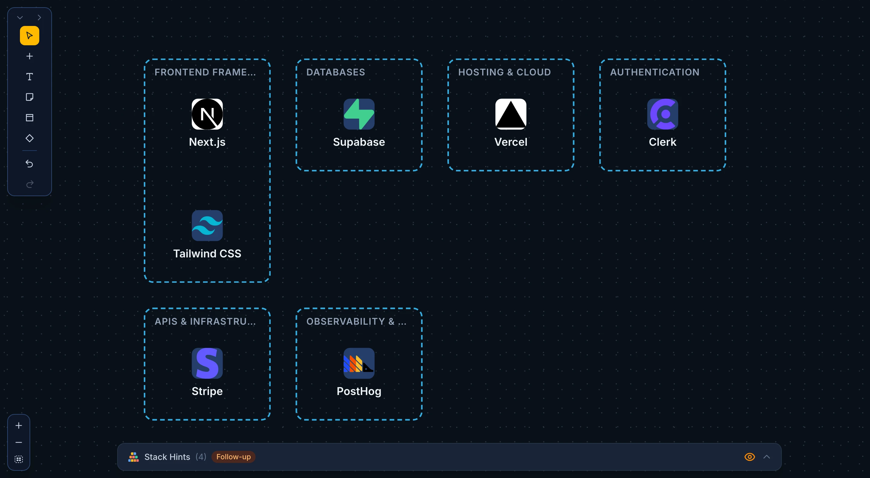 A small stack in the Tile preset with Card border set to None: each tool is a centred logo with its name underneath, sitting directly inside its category frame