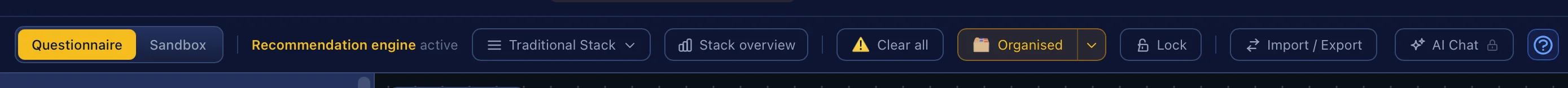 The Tekyous stack builder toolbar showing the Questionnaire and Sandbox mode tabs, Recommendation engine status, Stack overview, Clear all, Organise, Lock, Import / Export, AI Chat, and Help buttons