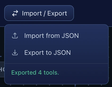 Export confirmation dialog showing the stack has been downloaded as a JSON file