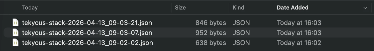 A file picker showing a previously exported Tekyous stack JSON file ready to be imported