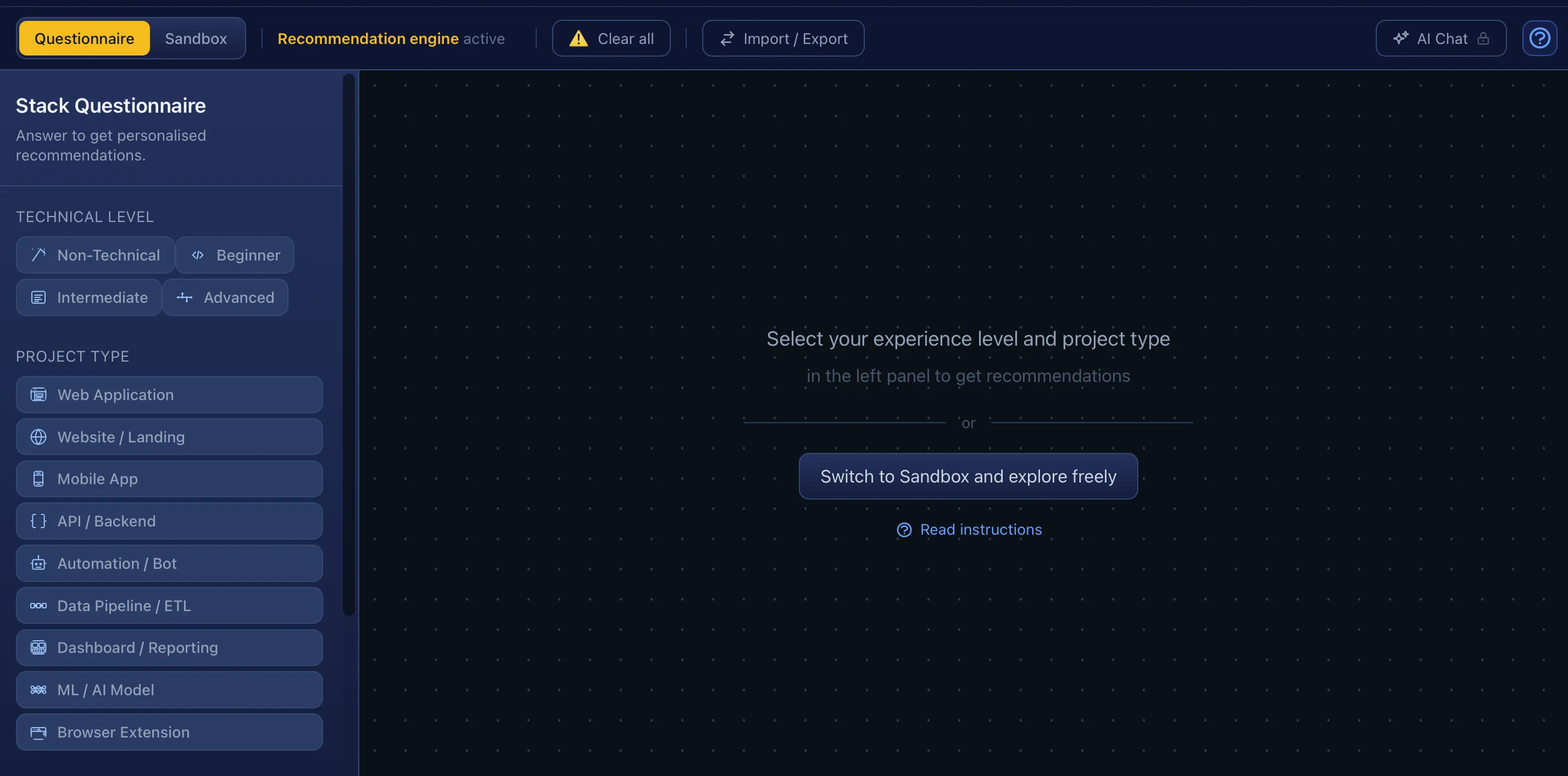 The Tekyous stack builder questionnaire panel showing experience level, project type selection, and the option to switch to Sandbox mode