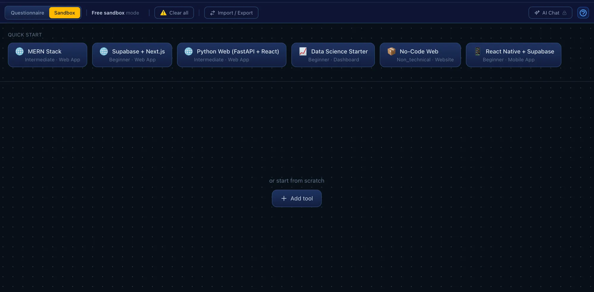 The Tekyous stack builder in Sandbox mode showing Quick Start predefined stacks - MERN Stack, Supabase + Next.js, Python Web, Data Science Starter, and more - with an Add tool button to start from scratch