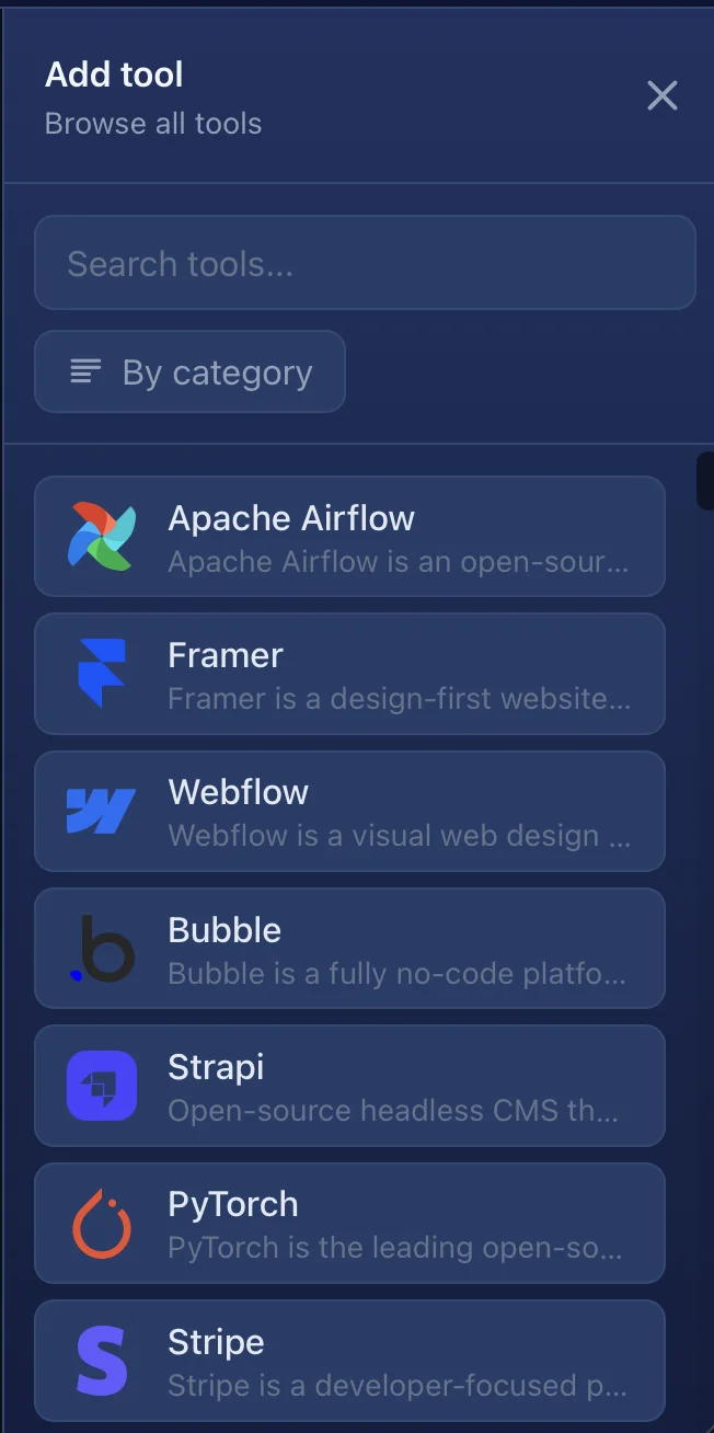Tool picker drawer showing all tools in a flat list without category grouping
