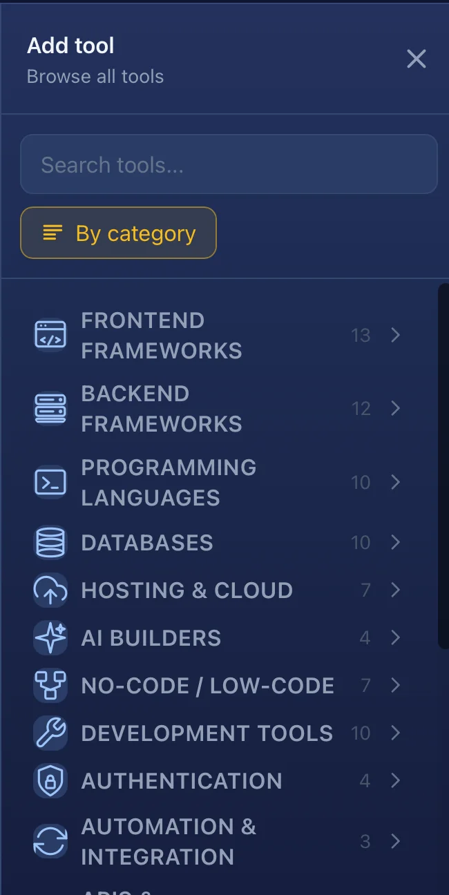 Tool picker drawer with tools grouped by categories - Backend Frameworks, Frontend Frameworks, Databases, and more